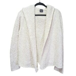 Eileen Fisher MED Cotton Linen Boucle Hooded Open Front Cardigan Sweater Cream